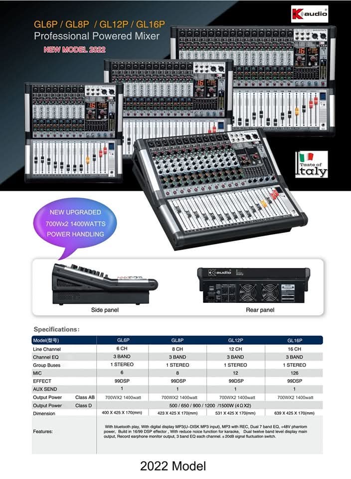 K-Audio GL Series Professional Powered Mixers (GL6P, GL8P, GL12P, GL16P) - 2022 Model, 700W x 2, 1400W Power Handling