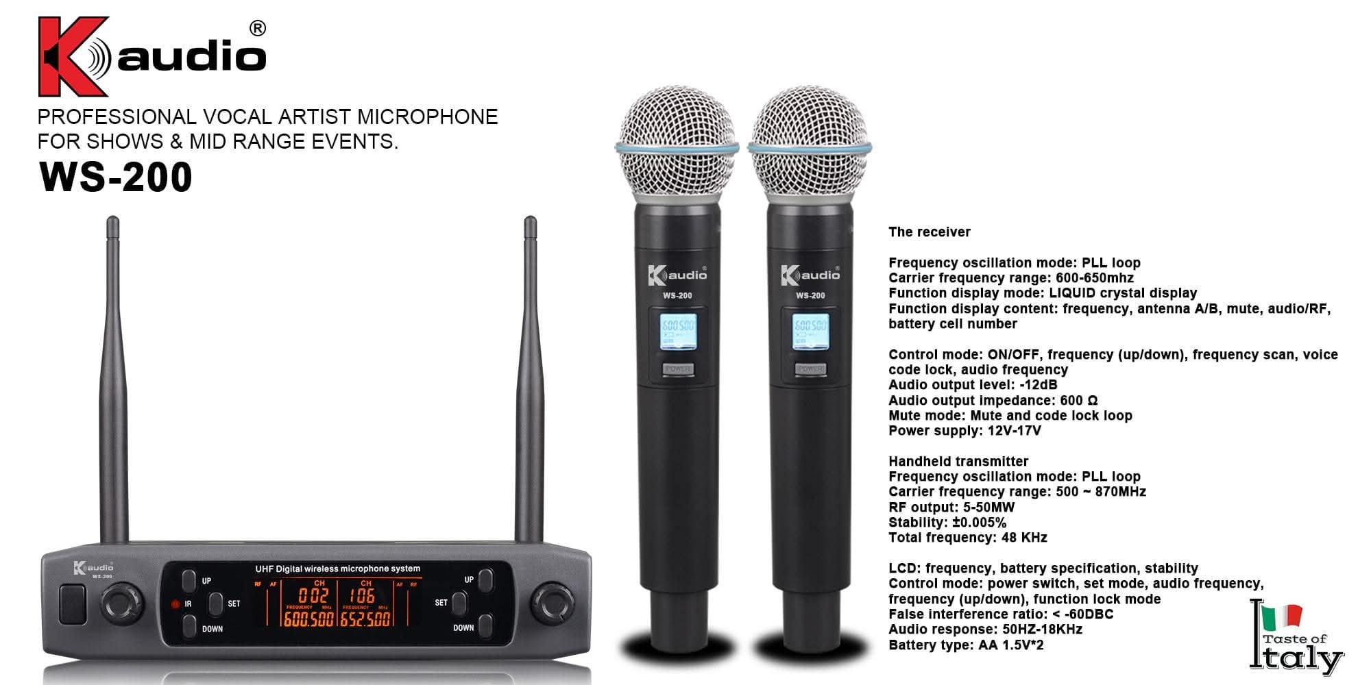 Kaudio WS-200 Professional UHF Wireless Microphone System for Events and Shows