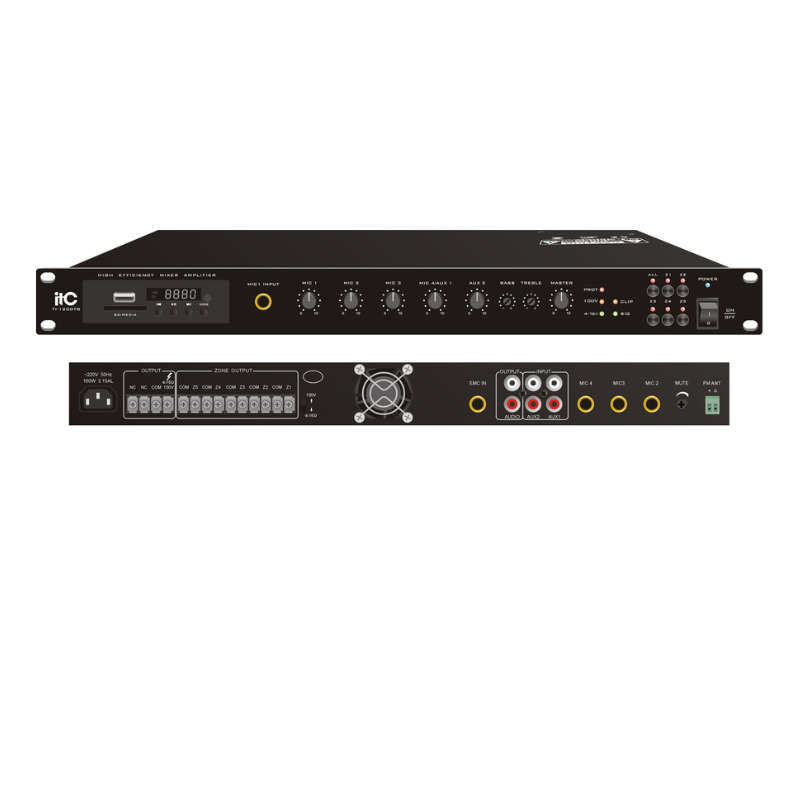 ITC T-240DTB Digital Mixer Amplifier with MP3, Tuner, Bluetooth & Phone Jack Mic Input – 240W Rack-Mountable 1U Design