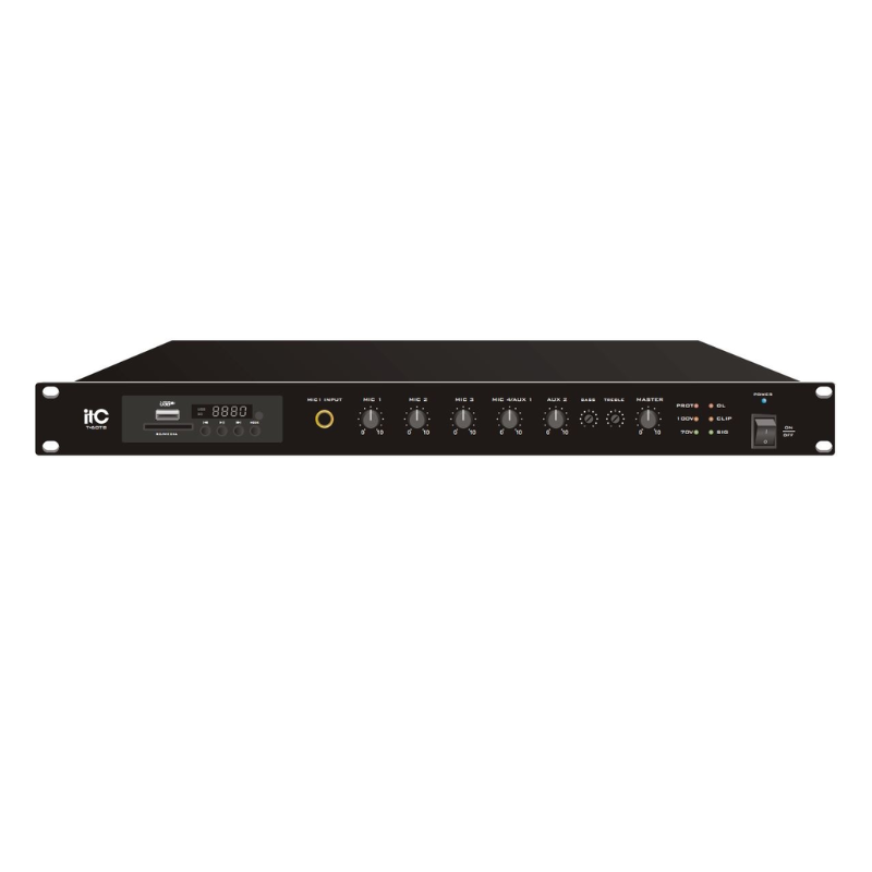 ITC T-120DTB Digital Mixer Amplifier with MP3, Tuner, Bluetooth, and Phone Jack Mic Input – 120W Output, 1U Rack-Mounted Design