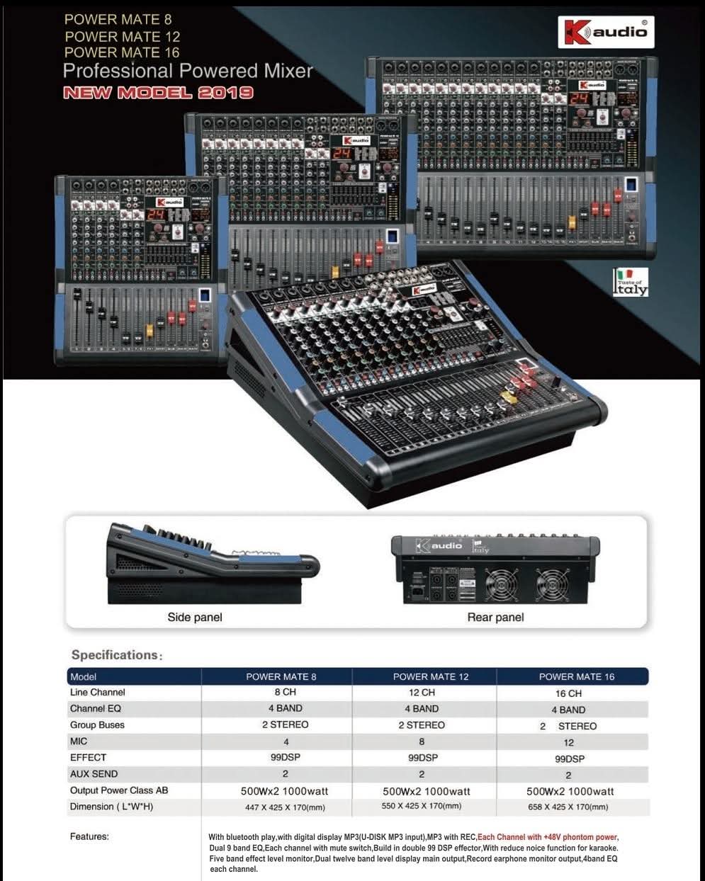 Kaudio Professional Powered Mixer – Power Mate 8, 12, and 16 with Bluetooth, Digital Display, and MP3 Support (2019 Model)