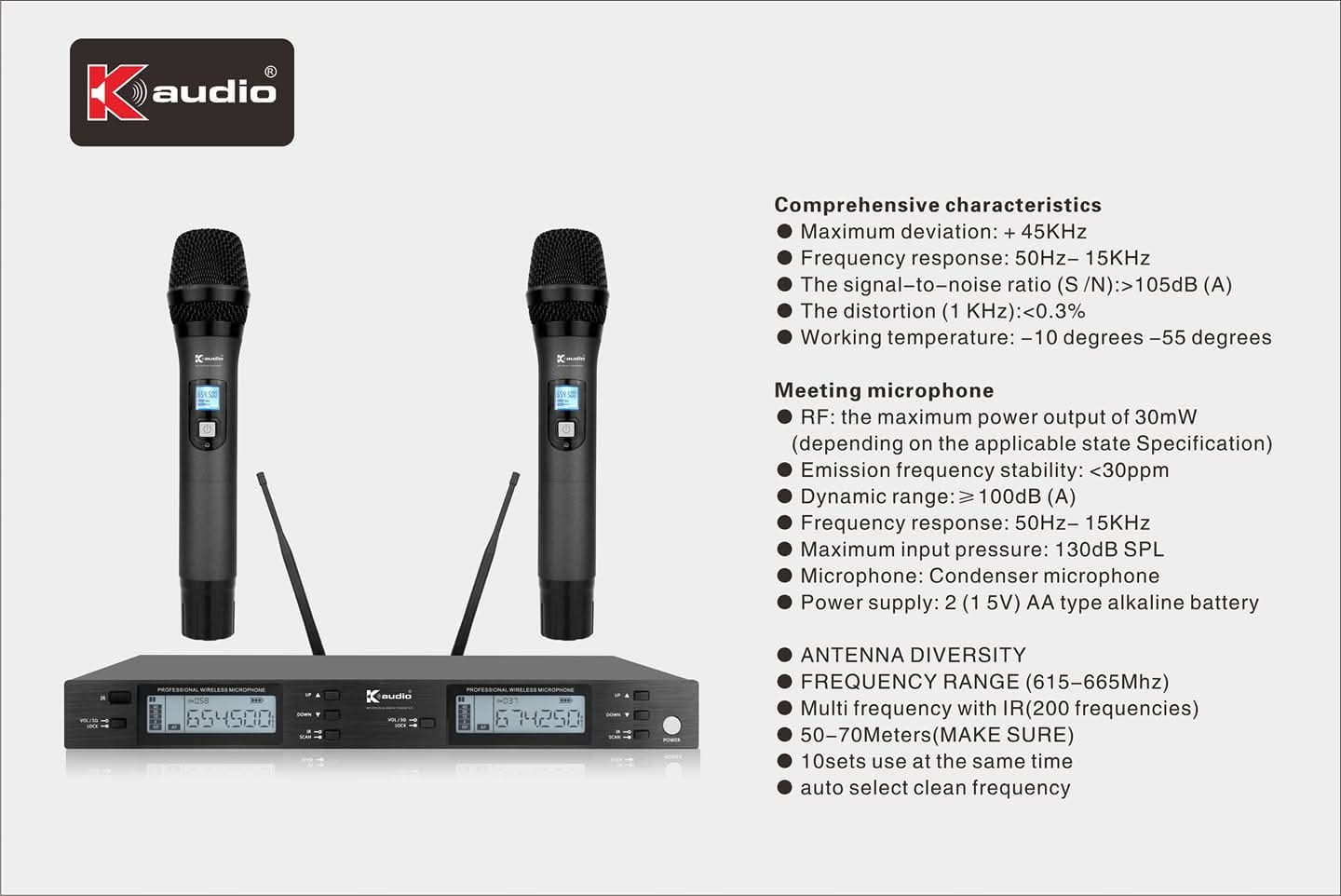 K-Audio Professional Wireless Microphone System – Clear Sound, 50-70m Range, Dual Handheld Mics